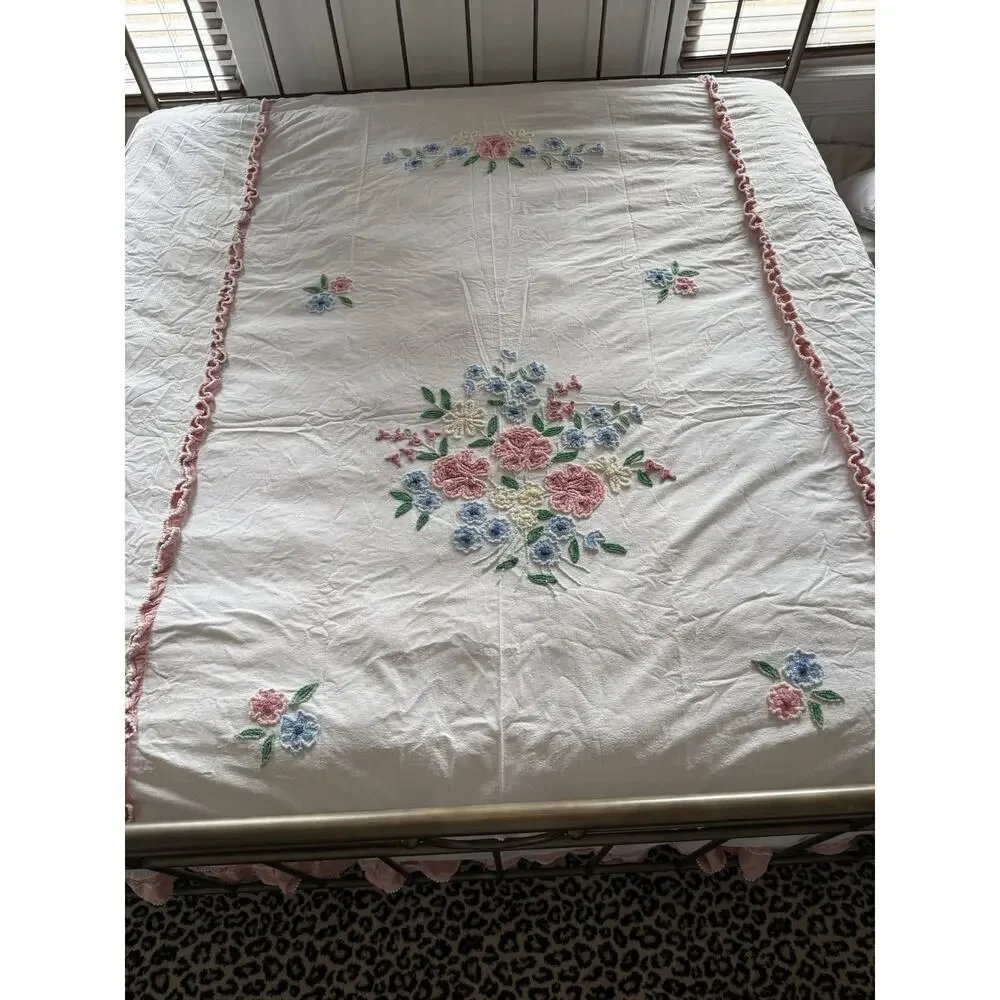 1950's Floral Chenille Bedspread 104”X 96” Shabby Chic Cottagecore Needle Tuft